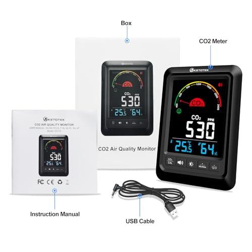 KETOTEK CO2 Monitor Indoor Air Quality Meter, Temperature, Humidity Display, Portable Carbon Dioxide Meter for Home, Car, Office or School