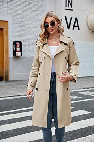 Womens Long Trench Coat Double Breasted Windproof Overcoat With Belt | Classic Lapel,Fall clothing, Spring outfits, Street outwear - color: Khaki, size: Small