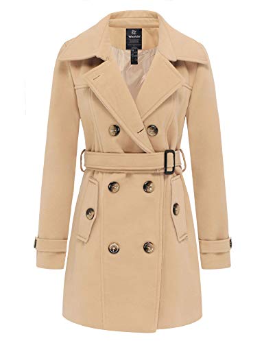 wantdo Women's Double Breasted Pea Coat Winter Mid-Long Trench Coat | Lapel Collar Jacket,Outwear,Windproof Dress Coat,for Fall Spring,Casual Daily Wear,Adjustable Belt - color: Khaki, size: Medium