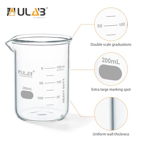 ULAB Scientific Glass Beakers, Vol. 200ml, 3.3 Borosilicate Griffin Low Form with Printed Graduation, Pack of 4, UBG1032 - style: 4pcs of Vol.200ml, Low form
