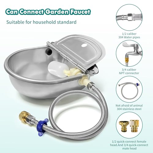 Automatic Water Dispenser for Dogs,304 Stainless Steel Float Valve Pet Bowl | Self-Filling, Wall Mounted, 2.5L Capacity, Drain Plug for Easy Clean, for Large Dogs Chickens Horses, Yard Farm Outdoor Use