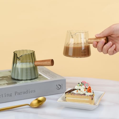 Glass Measuring Cup, 6oz Creamer Pitcher with Wood Handle | Creative Milk Frothing Pitcher Creamer Shot Glass (Gray） - color: Gray