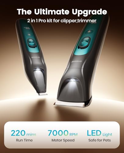 oneisall LED Light 2-in-1 Dog Grooming Clippers & Paw Trimmer Kit | Cordless & 3.7 hrs Runtime, 7 Guide Combs, LED Display, Safe for Paw, Face, Ears, Legs, Body