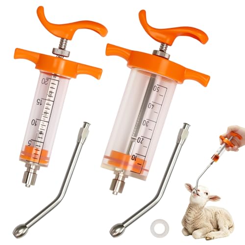2Pcs Reusable Goat Syringe with 2 Drench Nozzle,Adjustable Dosage Sheep Drench Gun Syringe for Goats,Horse,Piglet,Calf,Dog,Livestock Supplies,20ML+50ML (Orange)