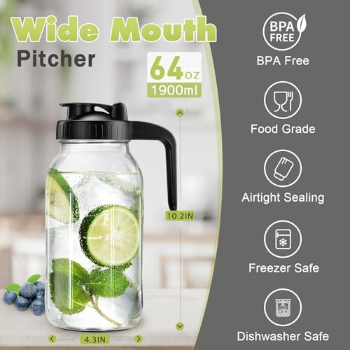 Mason Jar with Pour Spout Lid V-shaped, 64 oz Iced Tea Pitcher with Lids Double Leak Proof, 2 Quart Drink Pitcher for Breastmilk, Sun Tea, Juice, Coffee Creamer, Juice Containers - color: Black, size: 64 Ounces