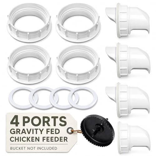 Poultry Pro Feeder DIY Port PVC Gravity Fed Chicken Feeder 4 Ports and Hole Saw | Use for Buckets, Barrels, Bins, Troughs | Rain Proof, Weather Resistant, No Waste Chicken Feeders | As Seen on Shark Tank, Gravity Fed Chicken Feeder, for Buckets, Barrels,