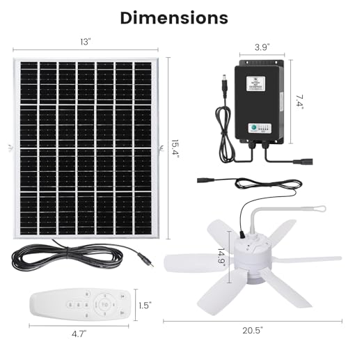 Fanspex 20.5'' Solar Ceiling Fan Light for Outdoor Gazebo Porch | 25W Solar Powered Rechargeable with Battery Backup for Chicken Coop, Greenhouse, Shed & Pet House Cooling or Air Circulation