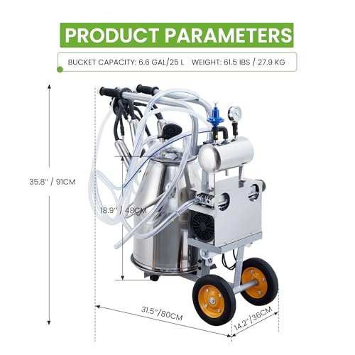 550W Electric Cow Milking Machine, 6.6 gal / 25L 304 Stainless Steel Bucket, Automatic Cow Milker with Vacuum Pulsation, 5-8 Cows Per Hour with Silicone Cups and Tubes, Wheels for Cows and Goats