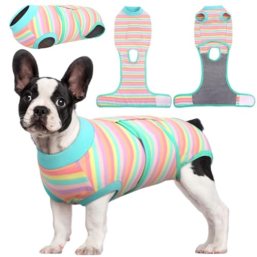 Kuoser Recovery Suit for Dogs Cats, Soft Dog Surgery Suit Female Male Spay | Professional Dog Onesie for Surgery, Substitute E-Collar & Cone, Prevent Licking Dog surgical suit Pet Neuter Suit - color: Purple Stripe, size: X-small (Back:8.3-11.4'', Weight: