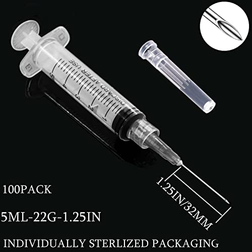 100 Pack 5ml/cc Plastic Luer Lock Syringa with 22Ga and Cap, Individually Sealed Wrapped, for Scientific Labs, Measuring Liquid, Refilling Cartridges or Glue Applicator - style: 100 Pack-5ml 22gauge