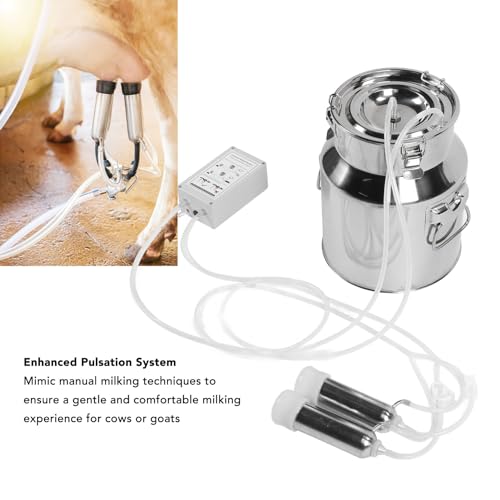 14L Electric Cow Milking Machine, Plug-in Pulsating Vacuum Pump Milker Cow Milker Machine with Stainless Steel Milk Bucket Silicone Tube 2 Teat Cups Milk Brush(US Plug)