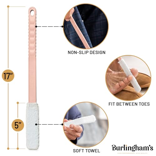 Burlingham's Toe and Foot Towel Brush with Reusable Drying Covers Long 17” Handle for Cleaning Between Toes, Soft Skin Exfoliation,for Seniors, Adults, Kids (Pink Toe Towel Brush + 3 Covers)