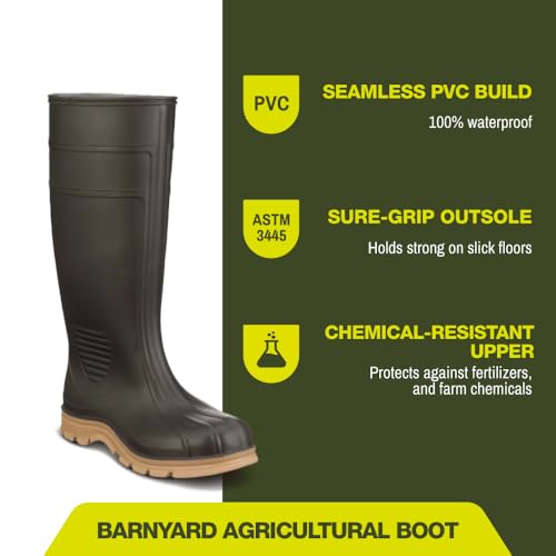 Heartland Barnyard 15” Agricultural Waterproof Work Boots for Men - Lightweight PVC Boots with Comfort Footbed & Self-Cleaning Traction Outsole - size: 9