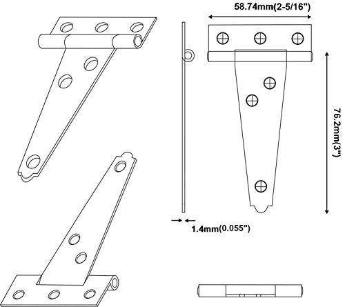 Stainless Steel Light Tee Hinge, with Stainless Steel Screw, 3" x 2-5/16" x 1.4 mm, Black Coated, 4 Pack, Made in Taiwan - color: Black coated, size: 4pack(3")