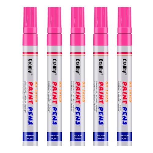 Pink Paint Markers, 5 Pack Oil-Based Waterproof Quick Dry Permanent Paint Pen Set for Rocks Painting, Wood, Fabric, Plastic, Canvas, Glass, Mugs, Metal, Tire, Stone, DIY Craft - color: Pink