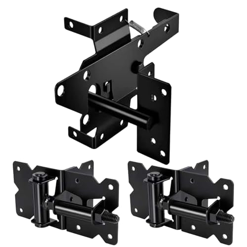 Self Closing Gate Hinge and Latch Kit for Wooden/Vinyl Fence Gate | Heavy Duty Rust Proof Gate Hardware Kit ,2 Adjustable Self Closing Hinges & 1 Post Mount Self Locking Gate Latch (Black)