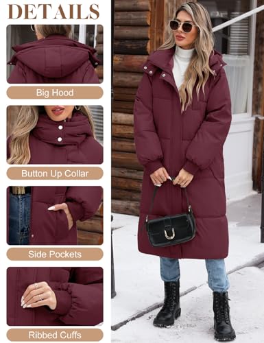 Women Long Puffer Coat Winter Warm Hooded Jacket Long Sleeve Parka Full Length Down Coats With Zip - color: Fuchsia, size: Medium