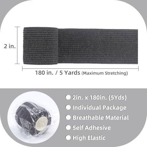 IndigoCase 6 Pack Self Adhesive Bandage Wrap 2 Inch x 5 yd Elastic Tape | Black Color Elastic Bandage Wrap, Vet Wrap, Small Bandage for Kids, Fingertip, Wrist, Dog, Pets - color: Black, size: 2 Inch - 6 Pack