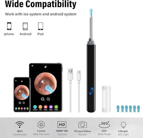 Ear Wax Removal - Earwax Remover Tool with 8 Pcs Ear Set - Ear Canal Cleaner with 1080P Camera - Ear Cleaning Kit with 6 Ear Scoops - Ear Wax Cleaner with Camera-Otoscope Ear Pick for iOS & Android