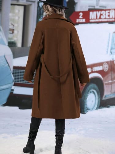 utcoco Womens Long Wool Pea Coat Notched Lapel Double Breasted Trench Coat Winter Warm Overcoat with Belt - color: Brown, size: Small