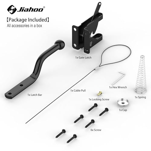 Self Locking Gate Latch with Spring Cable Pull, Automatic Lever Latch | For Wooden Fence, Door Latch Hardware for Outdoor Fence, Secure Pool, Garden, Shed, Cage, Black Finish