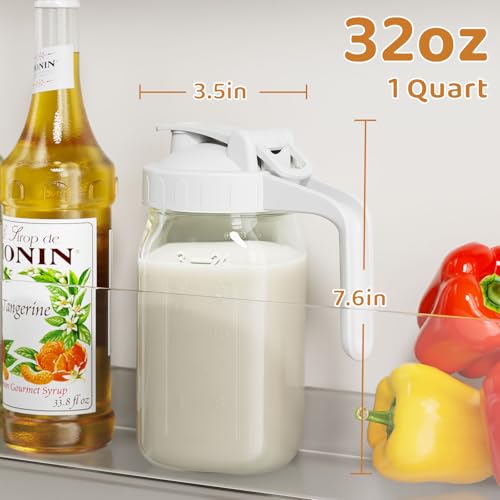 32 oz Breast Milk Pitcher, Glass Mason Jar Pitcher with Lid | Airtight, Leak Proof, Wide Mouth, Pour Spout Lid, Thick Glass, Fridge Safe, Ergonomic Handle, Easy to Clean - color: White, size: 32 Ounces