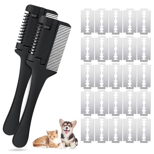 2-in-1 Pet Grooming Comb for Dogs and Cats - 2 Combs with 20 Extra Blades for Trimming and Grooming | 2 in 1 Trimming&Grooming, Dog Cat Brush that Cuts Hair, Hair Cutter Comb for Dog Cat, Pet Hair Trimmer Grooming Comb Dog Cat