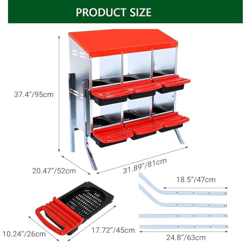 Chicken Nesting Boxes, 6 Holes Metal Chicken Egg Laying Box with Swing Perch and Rollout Egg Collection,for Various Chicken Breeds with Stand - Red 0.6mm - color: Red 0.6mm-6 Holes, size: With Stand