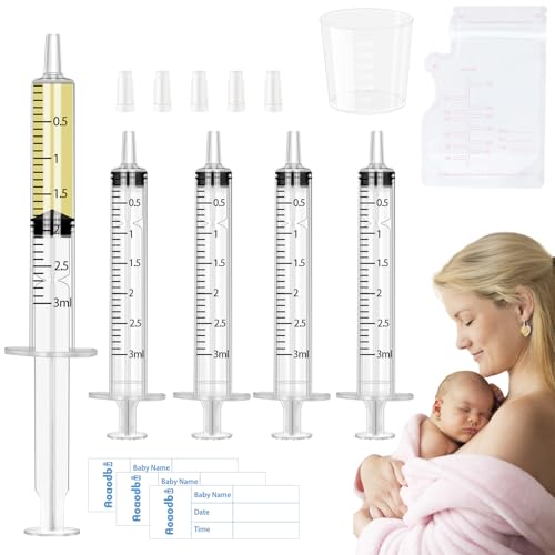 Colostrum Collector Kit Include 100pcs 3ml Sealed Breast Milk Collector No Needle Colostrum Syringes 5 Breastmilk Storage Bags and 1 piece 30 ml measuring cup with 100 Stickers - size: 3ML-100PCS (white)