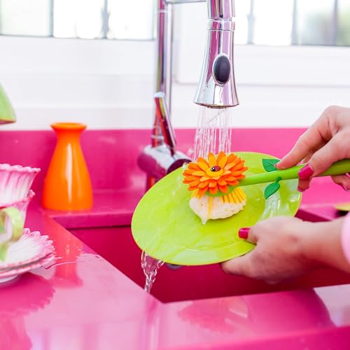 Vigar Flower Power Dish Brush with Handle and Vase Holder - Orange | Dish Scrub Brush for Dishes, Kitchen Scrub Brush, Sink Cleaning Brush, Pot Scrubber, Dishwashing Brush - color: Orange