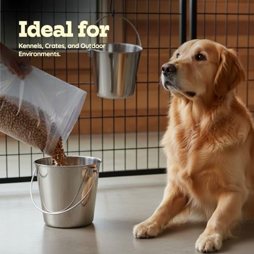 6Qt Stainless Steel Hanging Water Bucket for Dog Kennel 2-Pack | Food & Water Pail, 1.5 Gallon Capacity, Heavy-Duty, Round Design with Carry Handle, Ideal for Dog, Cats, Goats & farm animals - size: 6 Quart (Pack of 2)
