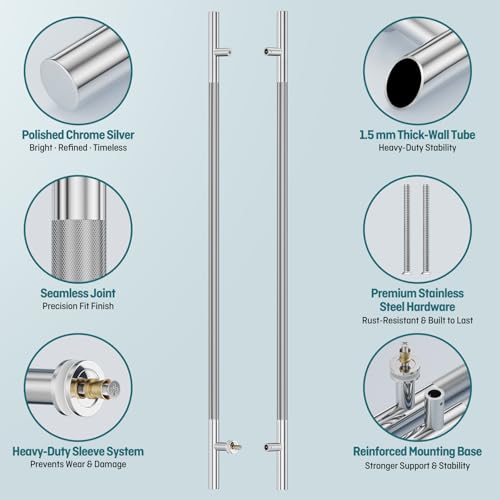 Ranbo 72" Knurled Door Pull Handle, 60"(1524mm) CTC, Polished Chrome | Heavy Duty 1.5mm 304 Stainless Steel, Back to Back Pull Handles for Interior/Front /Barn/Commercial/Entrances, Enhanced Grip - size: 72 Inch
