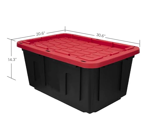 27 Gal Industrial Tote,Pack of 2 red Plastic storage bins with lids for Garage, Basement, or Outdoor,Heavy Duty storage Totes,Black with Red Lid,Stackable & Nestable,Black/Red