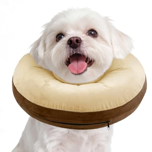 Kuoser Inflatable Dog Cone Collar, Dogs Donut Collar to Stop Licking, S | Soft Dog Cone Alternative After Surgery, Inflatable Pet Neck Pillow Comfortable Recovery E-Collar for Small Medium Large Dogs - color: Vanilla Latte, size: S (Neck: 7.8"- 11.8")