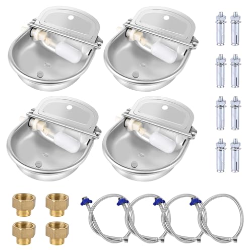 4PCS Automatic Animal Drinking Water Bowl Stainless Steel Waterer Feeder Farm Dog Dispenser Kit Self Filling for Livestock Horse Goat Water Trough with Float Valve Drain Hole Hose Adapter Bolts - size: 4 PCS