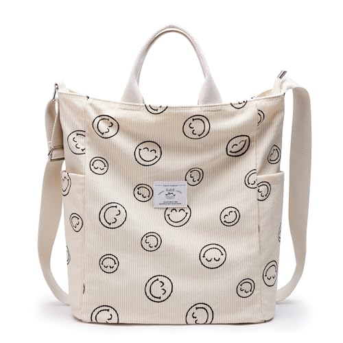 KALIDI Corduroy Tote Bag, Large Slouchy Hobo Messenger Crossbody Bag | Anti Splash Zipper Side Pockets Shoulder Bag Adjustable Strap Lightweight Casual Work Shopping Women - color: White Happy