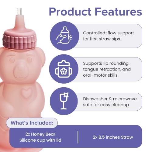 TalkTools Honey Bear Silicone Straw Cup, Dishwasher Safe Baby Drinking Bottle, Premium Food-Grade Material, Honeybear Sippy Cup for Ages 4+ Months, Kids and Toddlers (Pack of 2-8oz) (Pink) - color: Pink