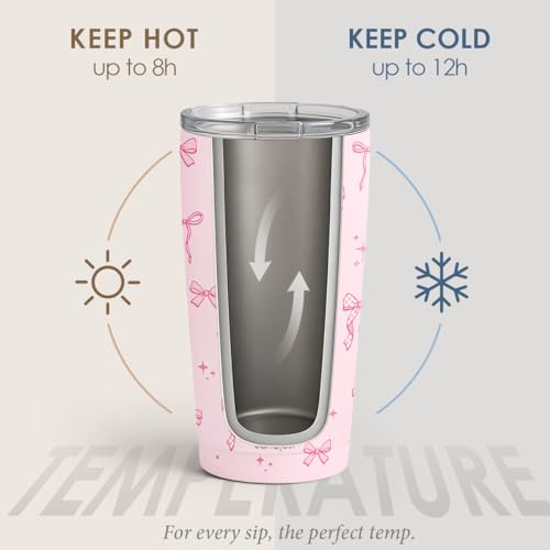 SANDJEST Bow Tumbler 20oz, Stainless Steel Travel Cup with Lid, Insulated Coffee Mug, Bow Gifts for Women Girls Friends Sisters on Birthday Christmas (Pink) - color: Bow 1