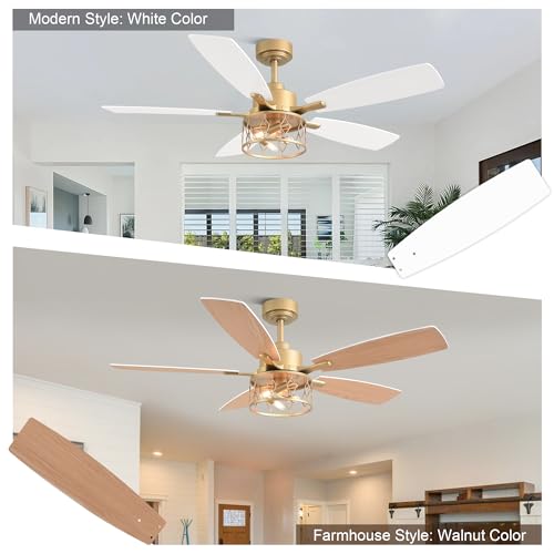 52 Inch White and Gold Ceiling Fan with Lights Modern Fandelier | Industrial Caged Fandalier, Farmhouse Rustic Chandelier Light for Living Room Bedroom, Reversible 6 Speeds, Remote Control - color: Gold, size: 52 Inch