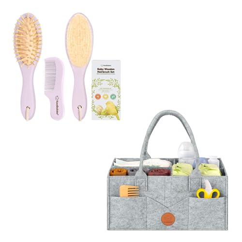 KeaBabies Baby Hair Brush and Baby Comb Set and KeaBabies Diaper Caddy Organizer - Wooden Baby Brush with Soft Goat Bristle, Baby Organizer for Nursery