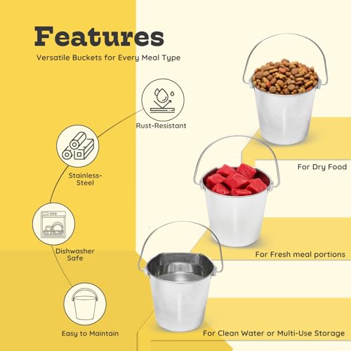 Flat Side Stainless Steel Bucket 9 Quart Hanging Feeding Utility Pail for XL Dog Goat Sheep Horse Livestock, Fits Kennel Cage Farm, Heavy Duty Food & Water Feeder, 2.25Gallon Silver 2Pack - size: 9 Quart (Pack of 2)