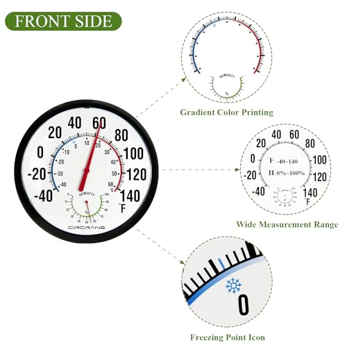 Circrane 13.25 Inch Round Thermometer with Hygrometer, Large Indoor Wall Patio Bimetal Weather Thermometer, No Battery Required, Black - color: Black