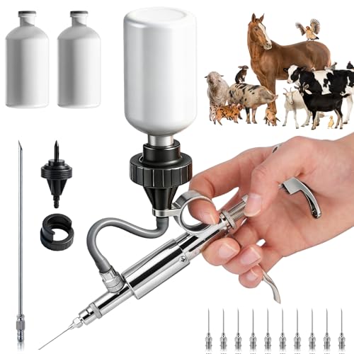 NEWTRY 5ml Livestock Syringe Adjustable Continuous Syringe with 10 Needles | Semi Automatic Syringe Adjustable Poultry Gun Stainless Steel with 10 Needles for Horse Sheep Cattle - size: 5ML