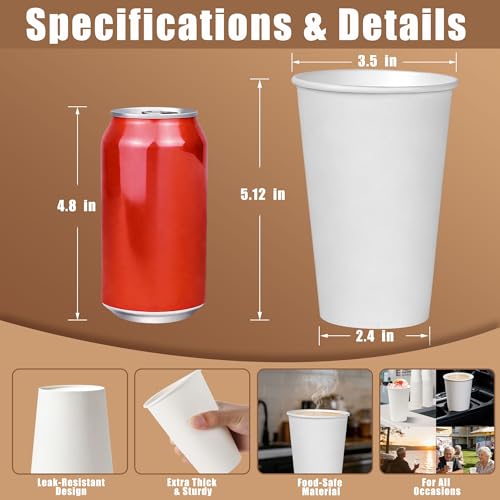 Zcaukya White Paper Cups, 16 oz, 200 Pack | Leak Resistant, Disposable Hot & Cold Drink Cups, PE Lining, Thickened Strong