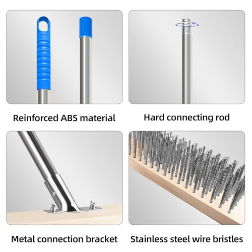 SUNBABA Stainless Steel Wire Scrub Brush with 62" Long Handle,Heavy Duty Stiff Metal Bristle Scrubber Broom for Deck Concrete Patio Gardens and Garages Floor Cleaning, Outdoor Moss Removal
