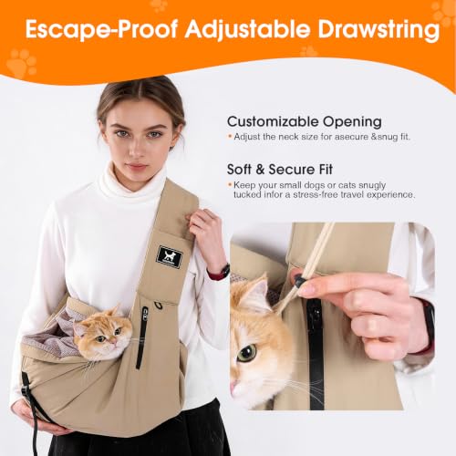 Dog Sling Carrier for Small Dogs & Cats 5-20 lbs, Adjustable Depth | Breathable Air Mesh Puppy Sling, Water-Resistant Travel Bag, Double Safety Leash, Machine Washable, Hands-Free Pouch, Caramel - color: Caramel
