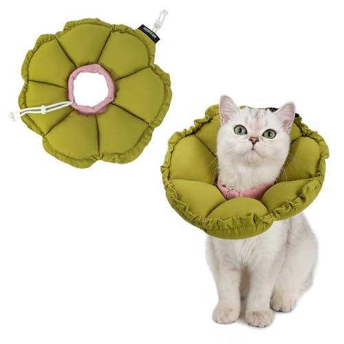 Soft Cat Cone Collar， Cute Adjustable Cat Recovery Collar，Elizabethan e Collar that can Protect Head and Foot Wounds，Green Flower All-Season Style - color: Green Flower, size: S