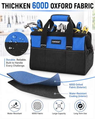COMOWARE 13-Inch Tool Bag, Zip-top Wide Mouth Open top Tool Bag, Large Capacity Tool Organizer with Inside Pockets, Blue Tool Tote Bag for Carpenter, Mechanic and Home Repair - color: Blue