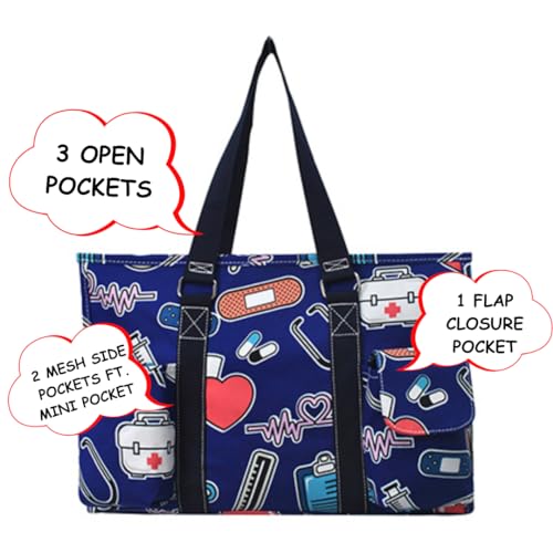 NGIL Utility Water Resistant Tote Bag | Work Tote for Women, Nurse Bag, Teacher's Choice Purse, Gym Bag, Everyday Organizer Top Zipper Closure - color: Nurse Theme-navy