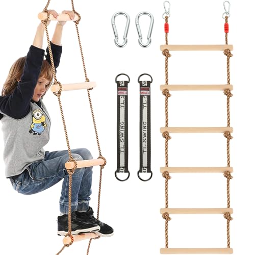 1 Pcs 6.5 Ft Climbing Rope Ladder for Kids, Wooden Rope Hanging Ladder, Rope Ladder for Treehouse Outdoor and Indoor Swing Set Accessories